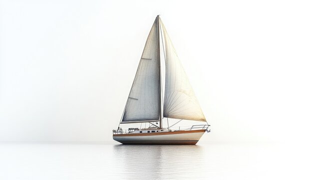  illustration of a traditional two-masted sailboat with tan sails on calm water, white background. For nautical, travel, or art-themed sites.