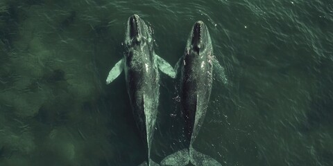 A serene marine scene capturing a mother and baby humpback whale in the ocean, with the calmness of their environment highlighting the gentle giants.
