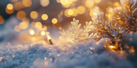 A serene winter scene with a close-up of sparkling snowflakes set against the soft focus of a blurred winter landscape. The image conveys a sense of tranquility and magic, capturing the essence of