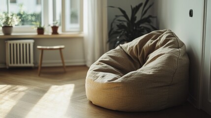 A cozy and inviting living room scene featuring a large beige sofa positioned in front of a window allowing natural light to fill the space. The wooden floor adds warmth to the atmosphere, while a