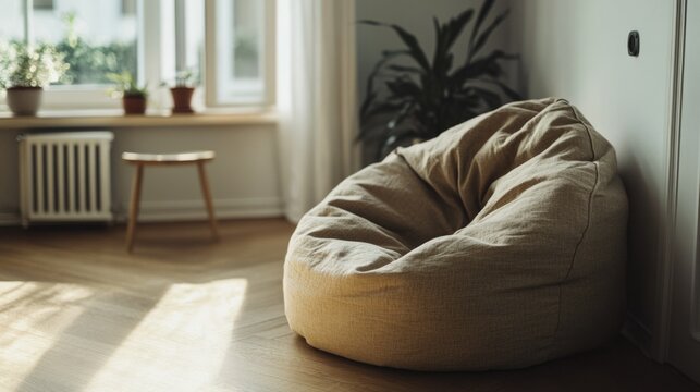A cozy and inviting living room scene featuring a large beige sofa positioned in front of a window allowing natural light to fill the space. The wooden floor adds warmth to the atmosphere, while a