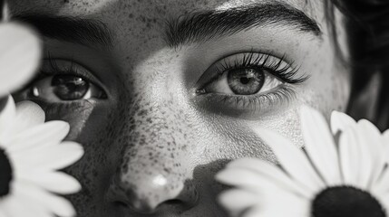 A captivating image of a woman gazing intently into the distance, her profile accentuated by a delicate floral crown. The backdrop is softly blurred with daisies, adding a touch of nature to the