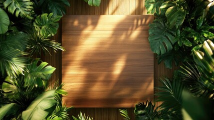 This image showcases a tranquil jungle hideaway, with a clean, empty sign in the center of a room surrounded by lush tropical foliage. The room features wooden paneling and a natural, earthy