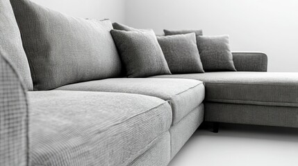 Sleek, upscale sofa set in a contemporary style living room setting. Large sectional sofa with matching cushions and patterned fabric. Gray, neutral tones with geometric designs. Ideal for modern