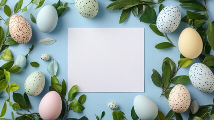 This image showcases an assortment of beautifully decorated Easter eggs arranged around a card with a white background, placed on a table adorned with green foliage. The eggs come in various pastel