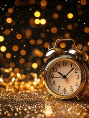 A vintage-style alarm clock sitting on a surface covered in golden glitter sparkles, capturing the essence of time and luxury. The clock is set to six o'clock and has a white face with black numbers