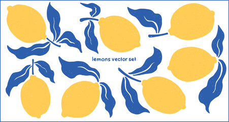 Hand drawn lemons with leaves flat vector set. Mediterranean Italian summer style. Clipart set, editable elements with transparent background. For posters, textiles, wallpapers, packaging, stickers