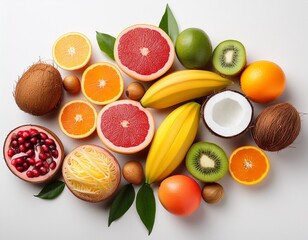 colorful exotic fruits arranged beautifully on white background