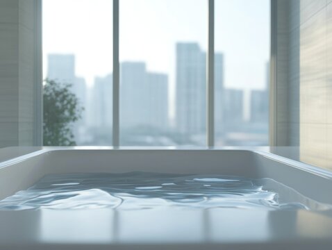 A sleek, high-end bath spa with a city view, perfect for relaxation and comfort.