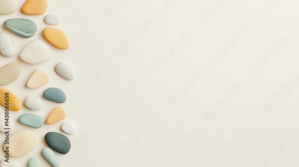 Aufkleber a collection of small, smooth stones in various colors arranged in a diagonal line from the top left