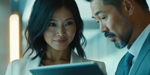 Two individuals, a man and a woman, engaged in a conversation within a contemporary office environment. The man is dressed in formal business attire while the woman appears to be of Asian descent.