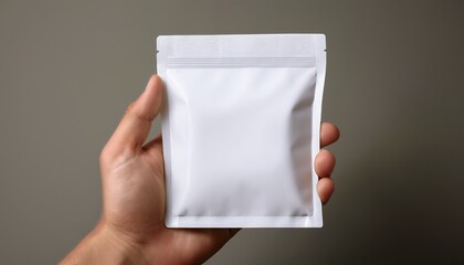 a hand holds a plain white packaging pouch against a neutral background