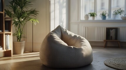 The image presents a modern and stylish living room setting. The room features a large, circular, rattan-textured ottoman, which serves as the focal point of the space. The ottoman is placed on a