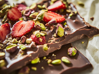 chocolate bark decorated with dried strawberries, pistachios, and edible flowers.