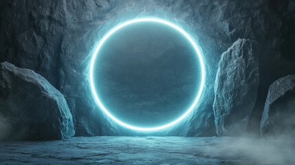 Neon Circular door frame Blue neon circle with flickering light, dark industrial backdrop, gritty and atmospheric