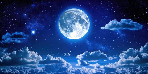 Celestial image showcasing a full moon in the night sky, illuminating fluffy clouds against a deep blue background with faint stars. It conveys a tranquil and peaceful ambiance, evoking a sense of