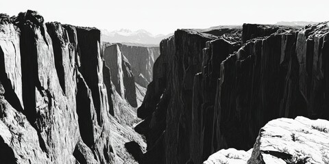 This black and white photo captures the grandeur of a desert mountain range, dominated by towering rock cliffs that stretch into the horizon. The textured landscape showcases natural formations in a