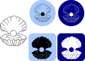 Seashell with pearl logo graphic vector ink line icon. shell and ocean animals, open seashell vector icon. Banner, poster, wrapping paper, sticker, print, modern textile design.
