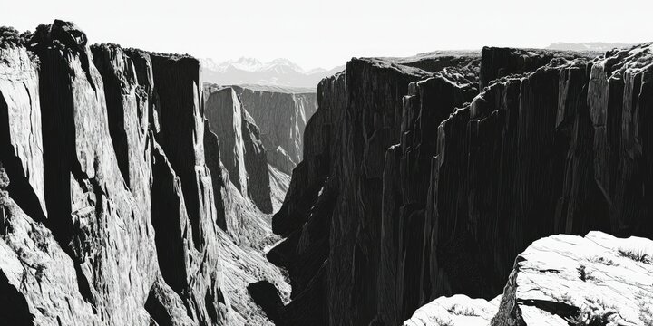 This black and white photo captures the grandeur of a desert mountain range, dominated by towering rock cliffs that stretch into the horizon. The textured landscape showcases natural formations in a
