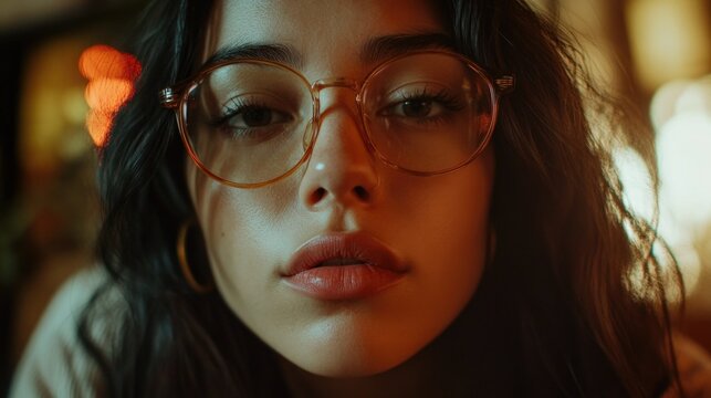 A stylish advertisement featuring a woman with glasses, wearing trendy clothing and accessories. She is posing confidently for the camera, conveying a sense of sophistication and modern style.