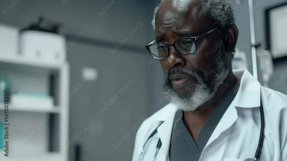 Poster a man in a white lab coat is looking at a computer screen. he is wearing glasses and has a beard