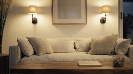 The image showcases a stylish and modern living room setup, featuring a comfortable white sofa adorned with plush cushions. The room is illuminated by warm, ambient light from a lamp mounted on the