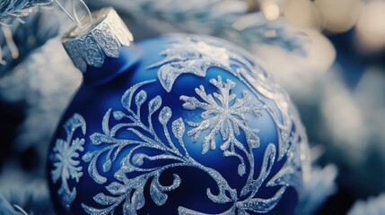 This image captures the spirit of holiday cheer. A blue Christmas ornament, adorned with a snowflake design and hanging from a silver garland, is set against a backdrop of wintery branches covered in