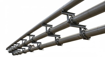 Three parallel industrial pipes supported by metal beams against a white background view from below