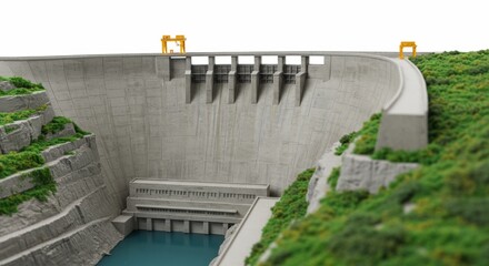A miniature model of a large concrete dam with green vegetation on the sides and yellow cranes on top