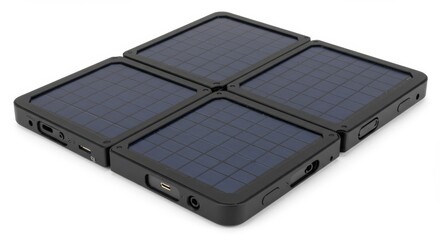 Close up of a black foldable solar panel charger on a white background displaying its charging ports