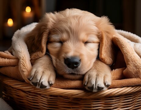 puppy s naptime a peaceful scene unfolds as a cute golden retriever puppy slumbers contently in a woven basket surrounded by soft towels evoking feelings of warmth tranquility and domestic bliss