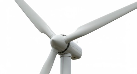 Close up of a white wind turbine against a white background showing the blades and the hub detail