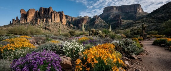 Colorful Desert Flowers and Mountains