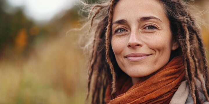 A woman with dreadlocks and a warm smile, standing in a field of wildflowers during sunset, embodying the joy of nature photography. - Powered by Adobe