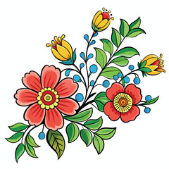 Floral Red and Yellow Flowers with Berries and Green Leaves Art Design