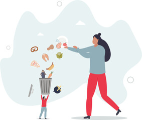 Food waste and meal leftovers garbage reduce awareness.Throw away groceries in trash after shelf life end . character life .