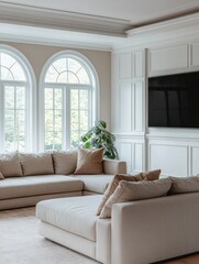 This image depicts a stylish living room with a large window, allowing natural light to flood in. The room features a modern design aesthetic with white walls, dark brown trim, and a light grey couch