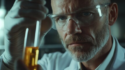 A scientist in a lab coat with glasses is holding a test tube and examining it under a microscope, against a background of laboratory equipment.