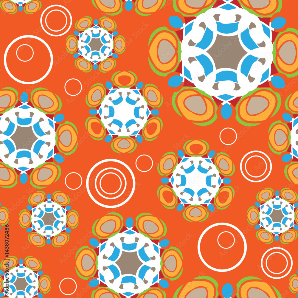Aufkleber seamless pattern with multicolor ornamental compositions and circles on the orange background. vecto