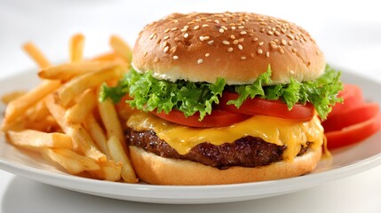 A delectable cheeseburger with fresh toppings and a side of golden fries, served on a white plate. Perfect meal for a quick bite.