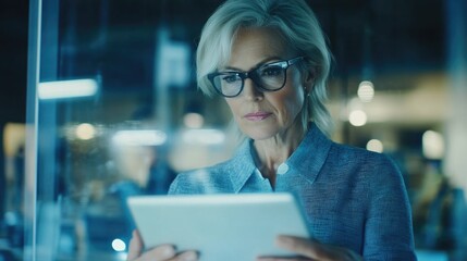 A corporate woman in glasses, using a tablet and standing near a glass wall with technological overlay graphics.