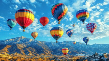 Obraz premium Colorful hot air balloons over mountains