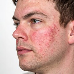 Obraz premium Rosacea manifestation on facial skin, displaying redness and prominent blood vessels on the cheeks and nose