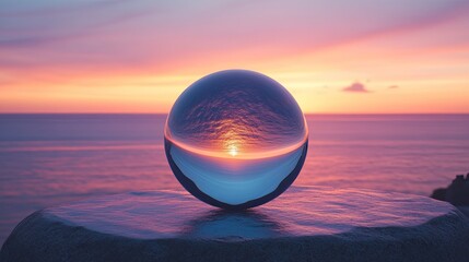 Reflective sphere capturing a sunset over tranquil water.
