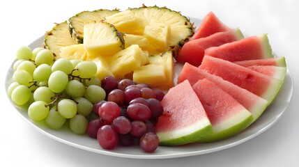 Fruit platter with watermelon, pineapple, and grapes. Refreshing and vibrant, a colorful and healthy snack, perfect for a summer day.