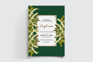 WEDDING INVITATION FRAME WITH FLOWER DECORATIONS AND FRESH LEAVES