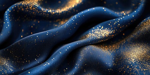 Close-up image of a dark blue velvet fabric adorned with glittering golden sparkles, creating a luxurious and shimmery appearance.