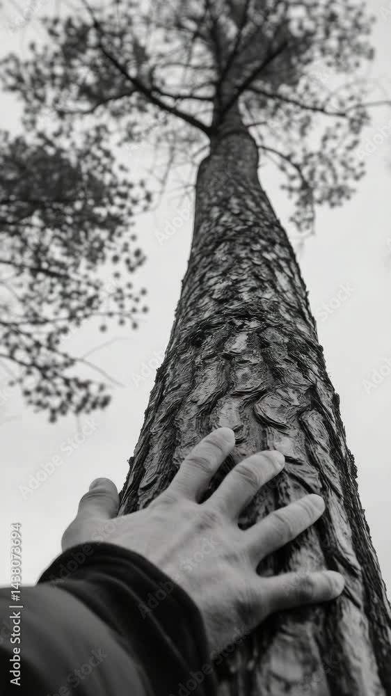 Aufkleber a hand is touching a tree trunk. the tree is tall and has a lot of branches. the image has a mood of