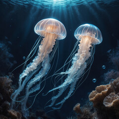 A pair of jellyfish gracefully float in a serene underwater environment, showcasing their bioluminescent glow amidst coral reefs under sunlight streaming through the water&rsquo;s surface