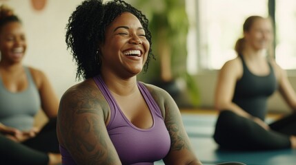A jovial woman in a yoga studio, laughing and posing for the camera during her practice.